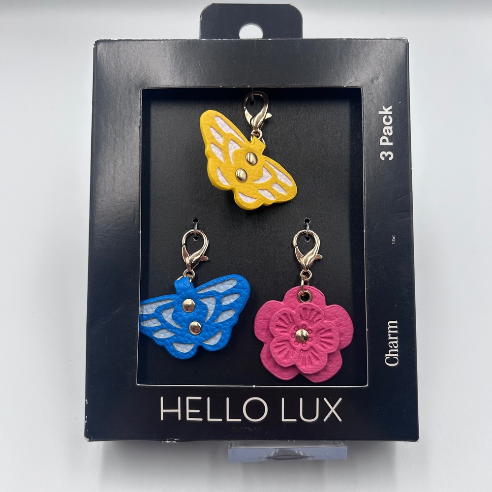 Hello Lux 3 Pack Butterfly and Flower Bag Charms Yellow Blue Pink PU Leather